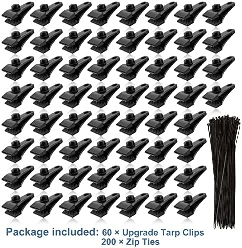 60Pcs Large Heavy Duty Lock Grip Tarp Clips with 200Pcs Zip Cable Ties