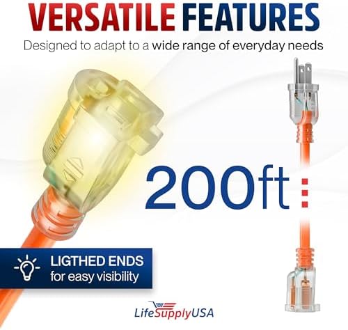 200ft Outdoor/Indoor Extension Cord 16/3 Gauge Heavy Duty 3 Prong SJTW, Waterproof, Flexible Cold-Resistant Long Power Cord,6A 125V 875W, Orange by LifeSupplyUSA
