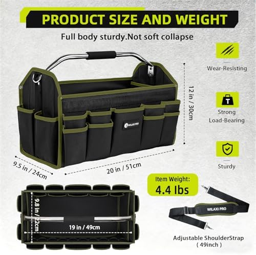 20in Foldable Open Top Tool Bags For Men Heavy Duty, Tool Carrier hard With Handle, Wide Mouth Electrician Tool Tote, Many Pockets Can Hold Many Tool, Green