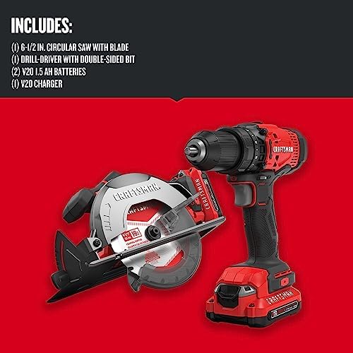CRAFTSMAN V20 Cordless Power Tool Combo Kit, with Drill/Driver, Circular Saw, 2 Batteries and Charger (CMCK202C2)