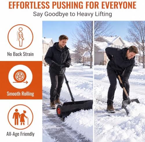 29" Snow Pusher Shovel with Adjustable Handle, Snow Shovel with Wheels, Snow Clean Tool for Driveway or Pavement, Black