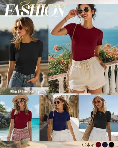 Ficerd 3 Pack Women's Ribbed Short Sleeve T-Shirts