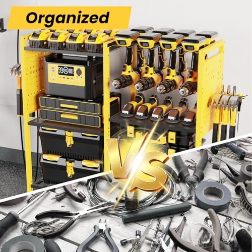 Heavy-Duty Power Tools Organizer Cart with Charging Power Strip, 6-Tier Rolling Utility Cart with 8 Hooks and 6 Load-Bearing Wheels, Garage Tool Storage Rack for Workshop for Men