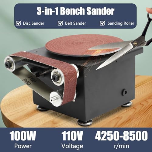 6-Inch Mini Disc Sander, 7 Speed Adjustable Bench Belt Sander Grinder, Electric Tabletop Belt Sanders for Metal Wood Knife Steel Iron Plastic Working, 100W 110V
