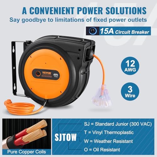 VEVOR 65FT Retractable Extension Cord Reel, Heavy Duty 12AWG/3C SJTOW Cord
