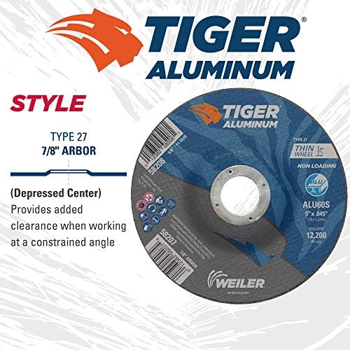 Weiler 58207 5 Inch Cutting Wheel, Tiger Aluminum Non-loading Contaminant-free High Performance Cutting, .045" ALU60S Type 27 7/8" Arbor, Pack of 25