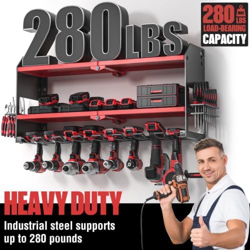 YYR Power Tool Organizer Wall Mount, Cordless Drill and Battery Holder, Electric Tools Hanger Storage Rack with Charging Station, Garage Organization Floating Shelf - Made of Heavy Duty Metal, Red
