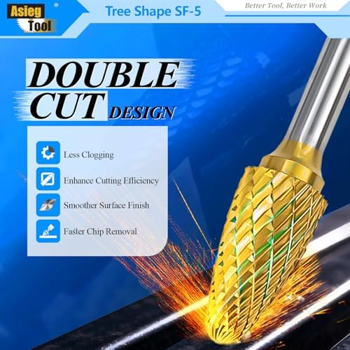 SF-5 5pcs Tungsten Carbide Burr TiN Rotary File Tree Shape Radius End Shape Double Cut for Die Grinder Drill Bits 1/4'' Inch Diameter of Shank and 1/2'' Diameter of Cutter 1'' Inch Cutter Length