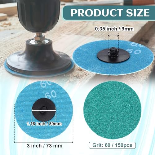 Newwiee 150 Pcs 3 Inch Sanding Discs 60 Grit 3 Inch Twist Lock Grinding Disc Zirconia Quick Change Lock Grinder Sanding Discs for Surface Prep Strip Grind Polish Finish Burr Rust Paint Removal