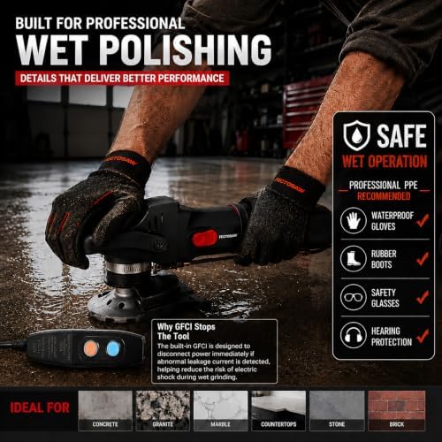 Professional Wet Concrete Polisher, High-Torque 1100W Variable Speed Water-Fed Wet Grinder with Diamond Cup Wheel & 7PCS Pads for Granite, Marble & Countertop Restoration