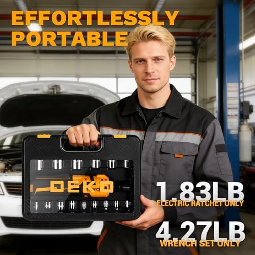 DEKOPRO Cordless Electric Ratchet Wrench Set 3/8" 450RPM Power Ratchet Tool Kit, 19Pcs Cordless Ratchets Wrench Set with Variable Speed,14 Sockets,3/8" to1/4 Adapter,2 Extension Bars, Charging Line
