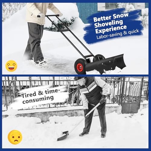 GYMAX Snow Shovel, Wheeled Pusher with 10” Pneumatic Rubber Wheels, 36” Wide Blade, Adjustable Height, Anti-Slip Handle, Heavy Duty Ergonomic Shovel for Driveway, Sidewalk, Pavement Snow Removal