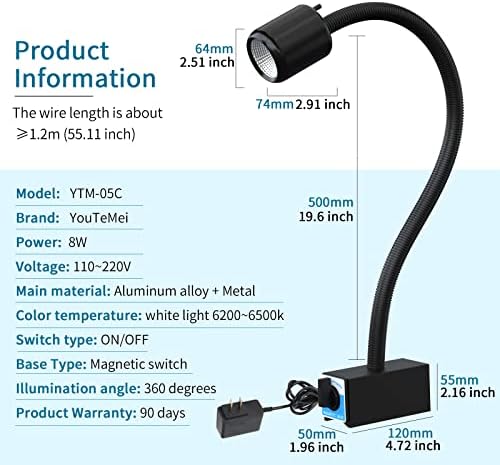 Magnetic Work Light,8W Lathe Machine Light with 12T Magnetic Base,Led Work Light for Lathe Machine/Drill Press