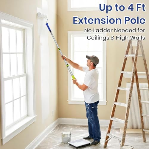54 PCS Paint Roller Kit with Extension Pole, All-in-One Painting Supplies & Repair Set for Home DIY - Includes 4” & 9” Rollers, Brushes, Hand Sander, Drop Cloth for Walls, Ceilings, Wood Furniture
