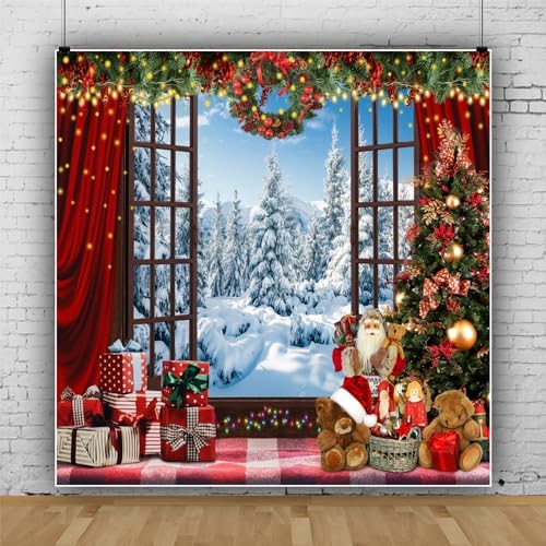 Christmas Window Backdrop for Photography 8x8ft Winter Wonderland Snow Mountain Christmas Tree Photo Background Xmas Theme Holiday Party Decorations Banner Family Photoshoot Background