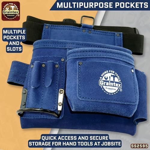 Graintex 5 Pocket Suede Leather Tool Belt/Bag, Multipurpose Leather Tool Belt for Women and Men, Ideal for Construction, Electrician, Handymen, Carpenter, Gardening Pouch & DIY Projects