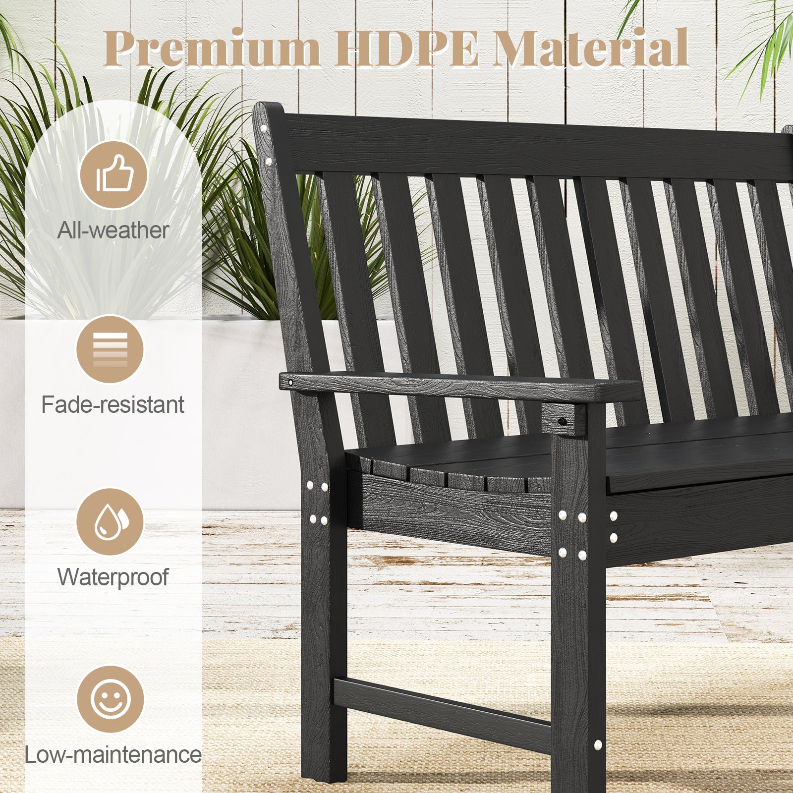 52 Inch All-Weather HDPE Outdoor Bench with Backrest and Armrests