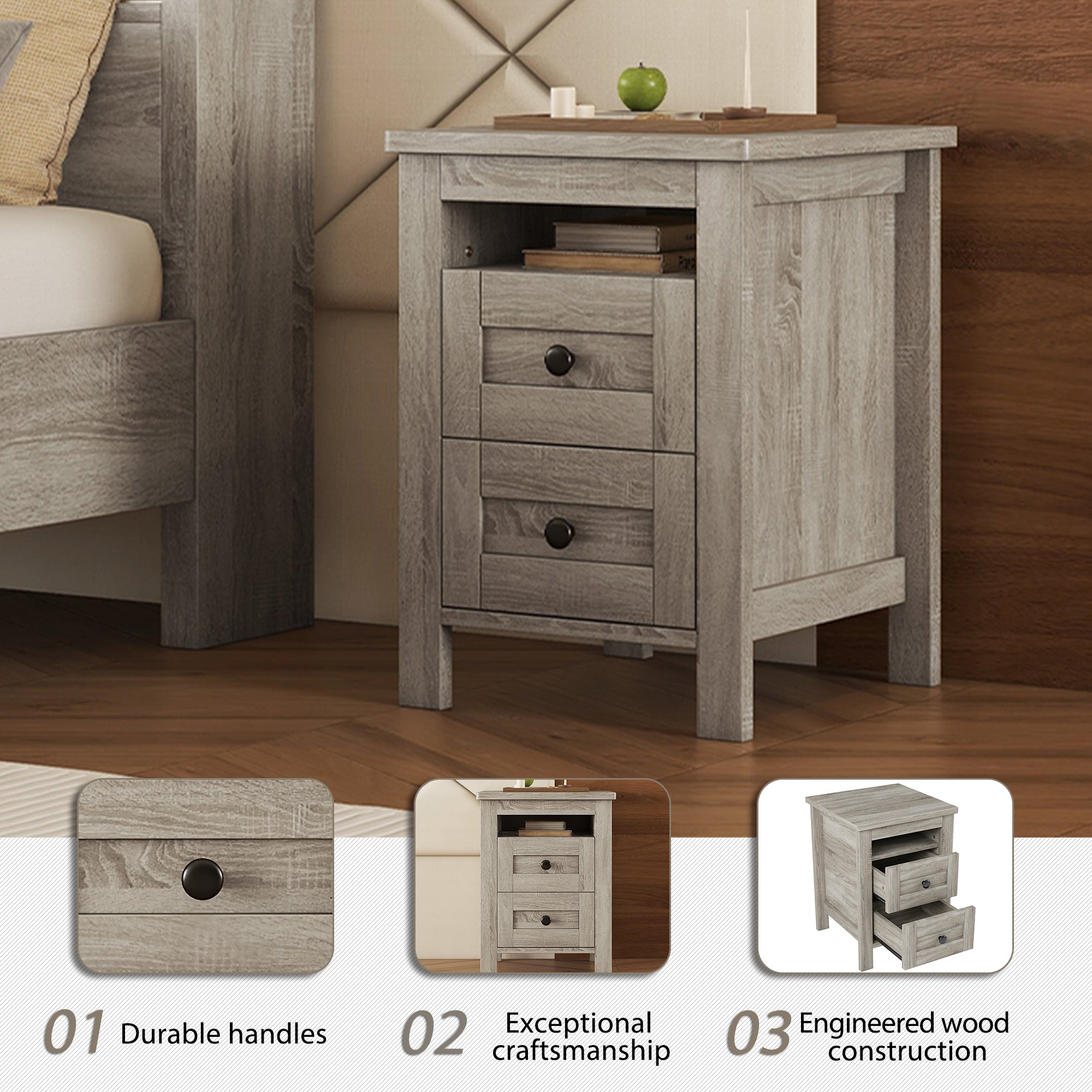 3-Pieces Bedroom Set Queen Size Farmhouse Platform Bed with Storage Headboard and Charging Station