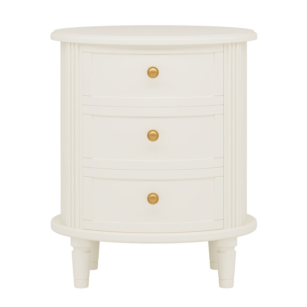 Oval Nightstand With 3 Drawers, Bedside Table - White