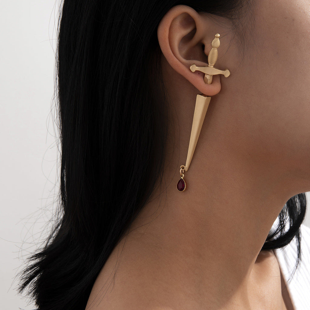 Long Sword Hilt Earrings Red Drop Cross Earrings