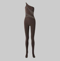 NORMA KAMALI One Shoulder Snake Mesh Catsuit Footsie Women's Sz S/36 Chocolate