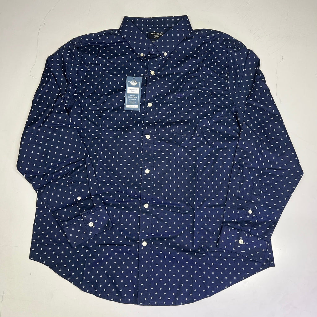 DOCKERS Stain Defender Button Up Shirt Daisy Pattern Men's Sz XXL Navy Blue