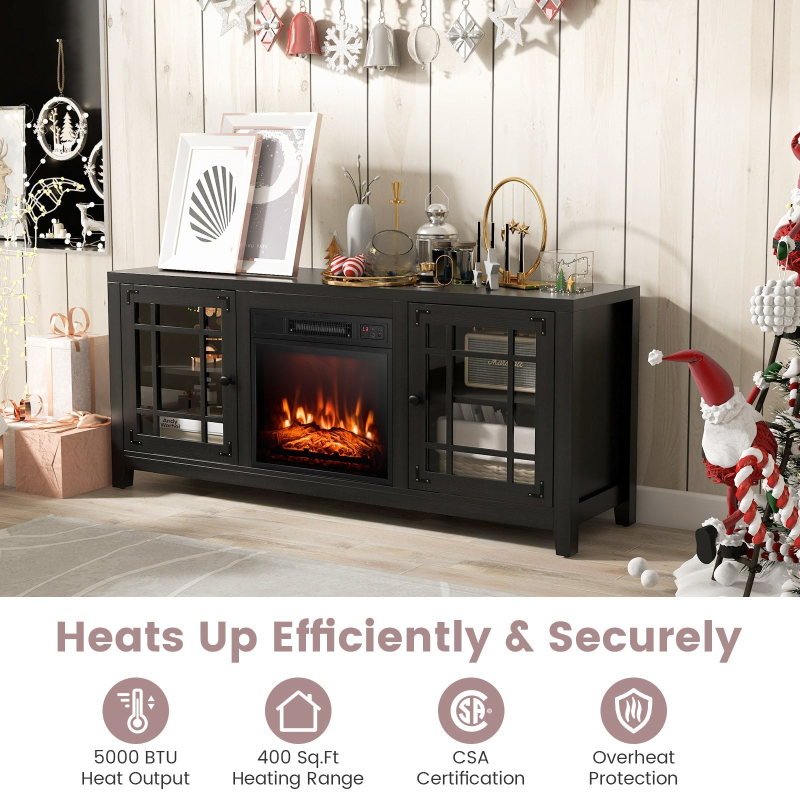 58 Inch Fireplace TV Stand with Adjustable Shelves for TVs up to 65 Inch-Black