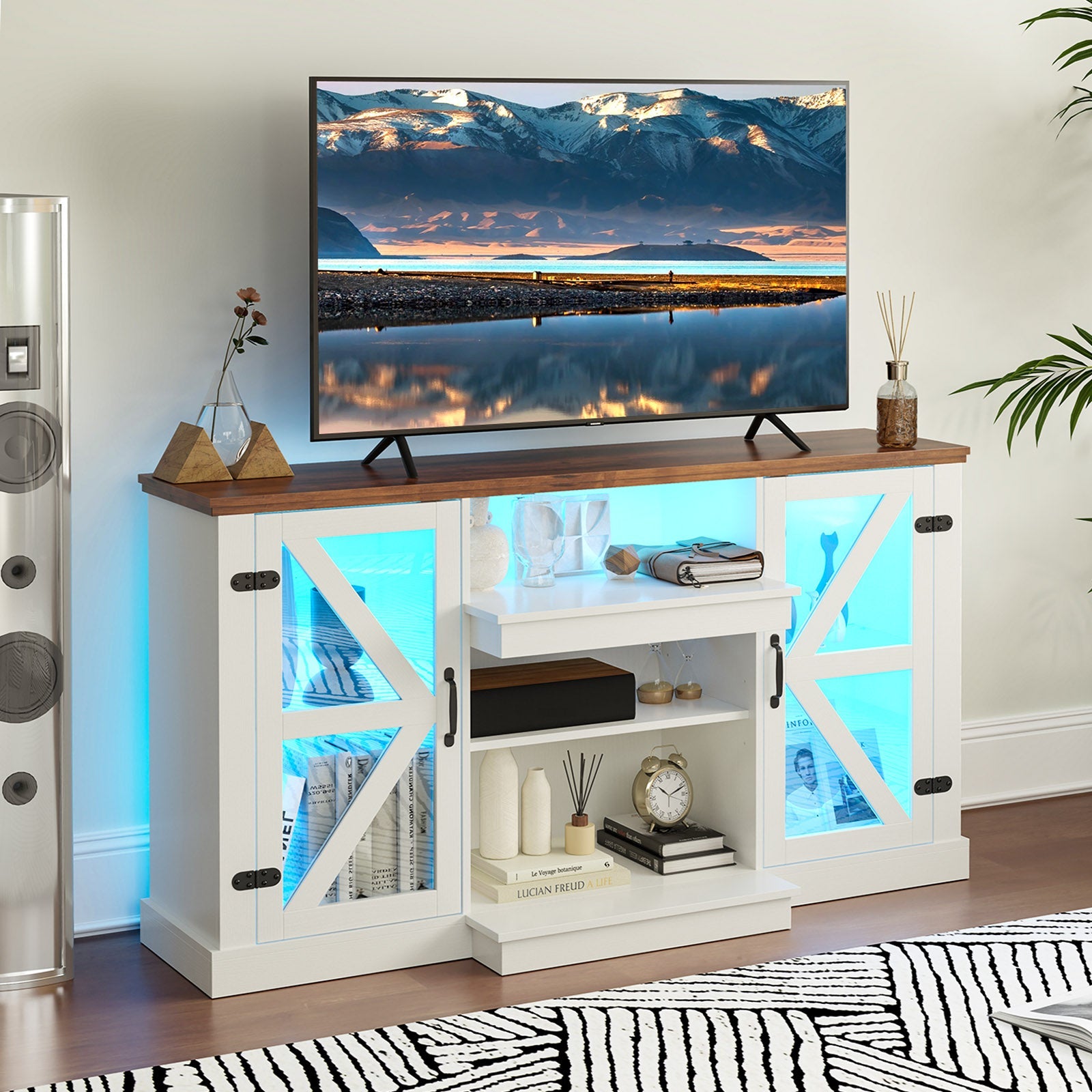 59 Inches Media Console Table with 3-Level Shelves and 22 Dynamic Modes-White