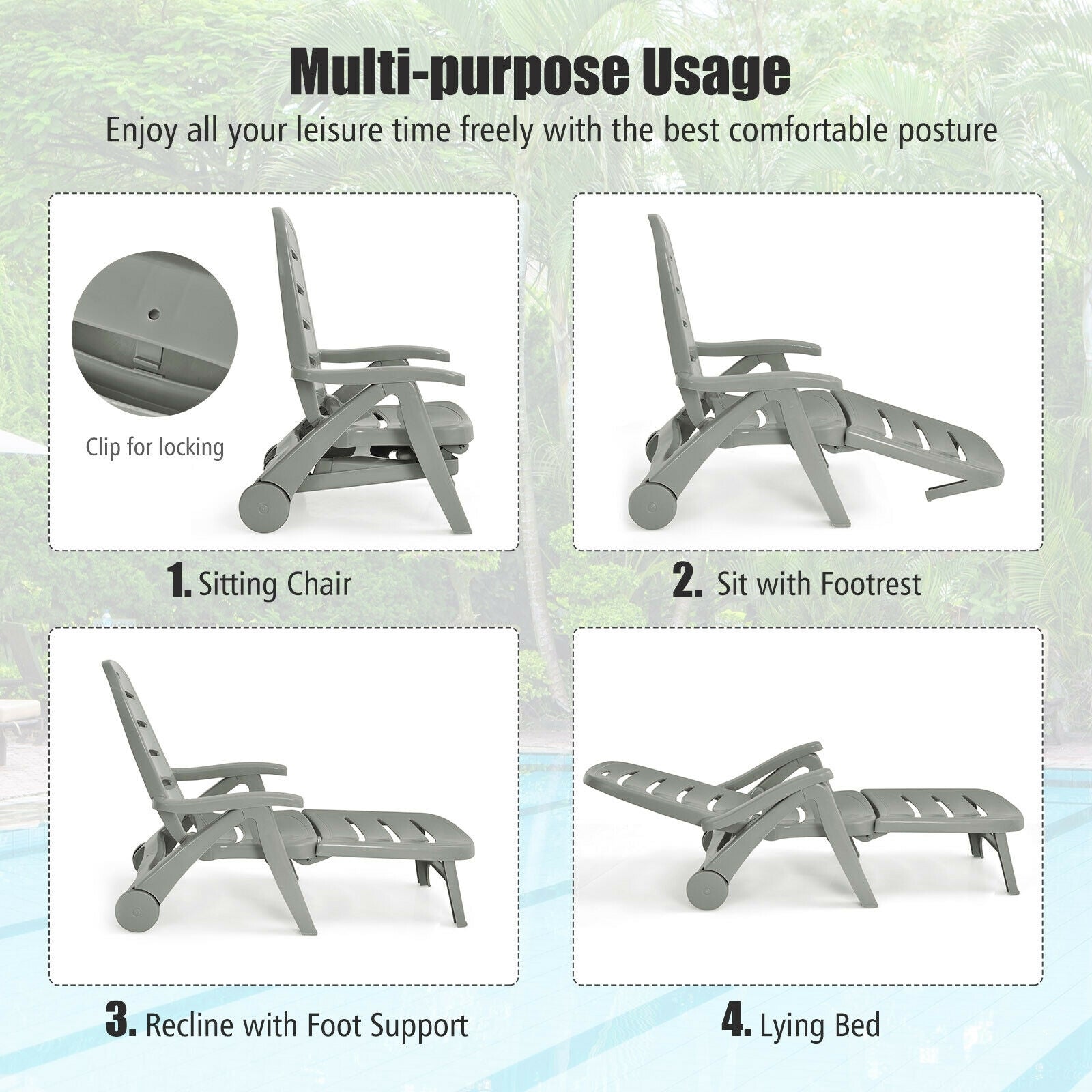5 Position Adjustable Folding Lounger Chaise Chair