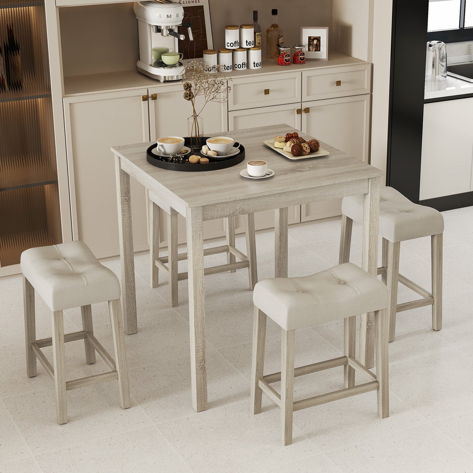 5 Pieces Bar Table Set with Square Table and 4 Padded Stools-Gray
