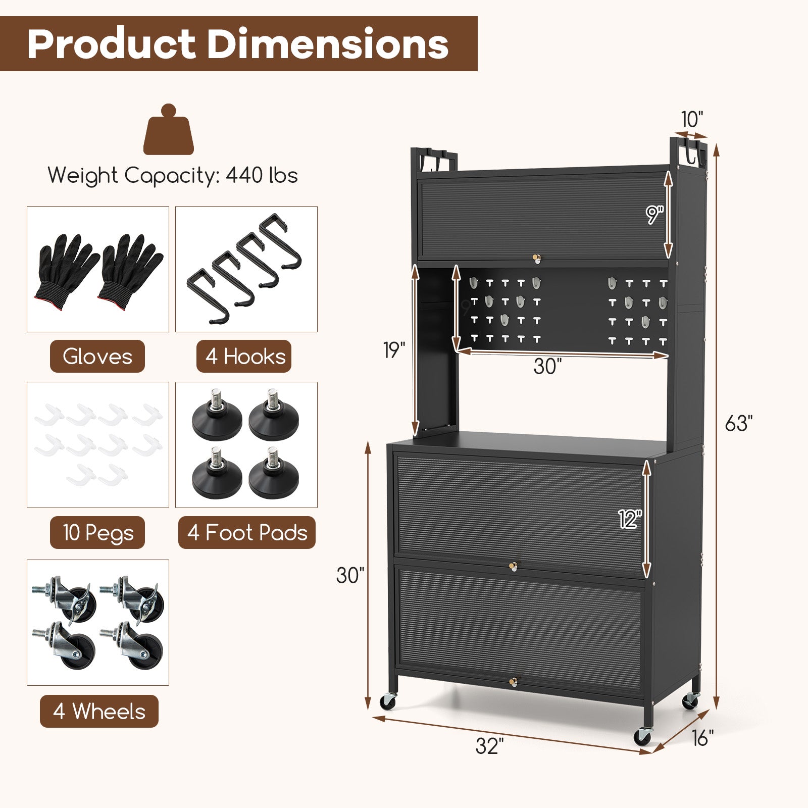 5 Tier Kitchen Bakers Rack with Lights Multifunctional Microwave Stand with Flip Door Cabinets