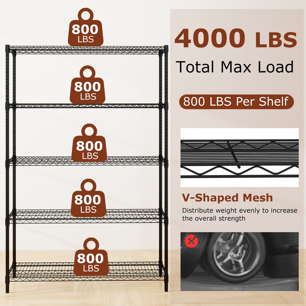 5-Tier Metal Storage Shelving Unit Set of 2 Adjustable Utility Shelf with V-Shaped Wire Rack-Black
