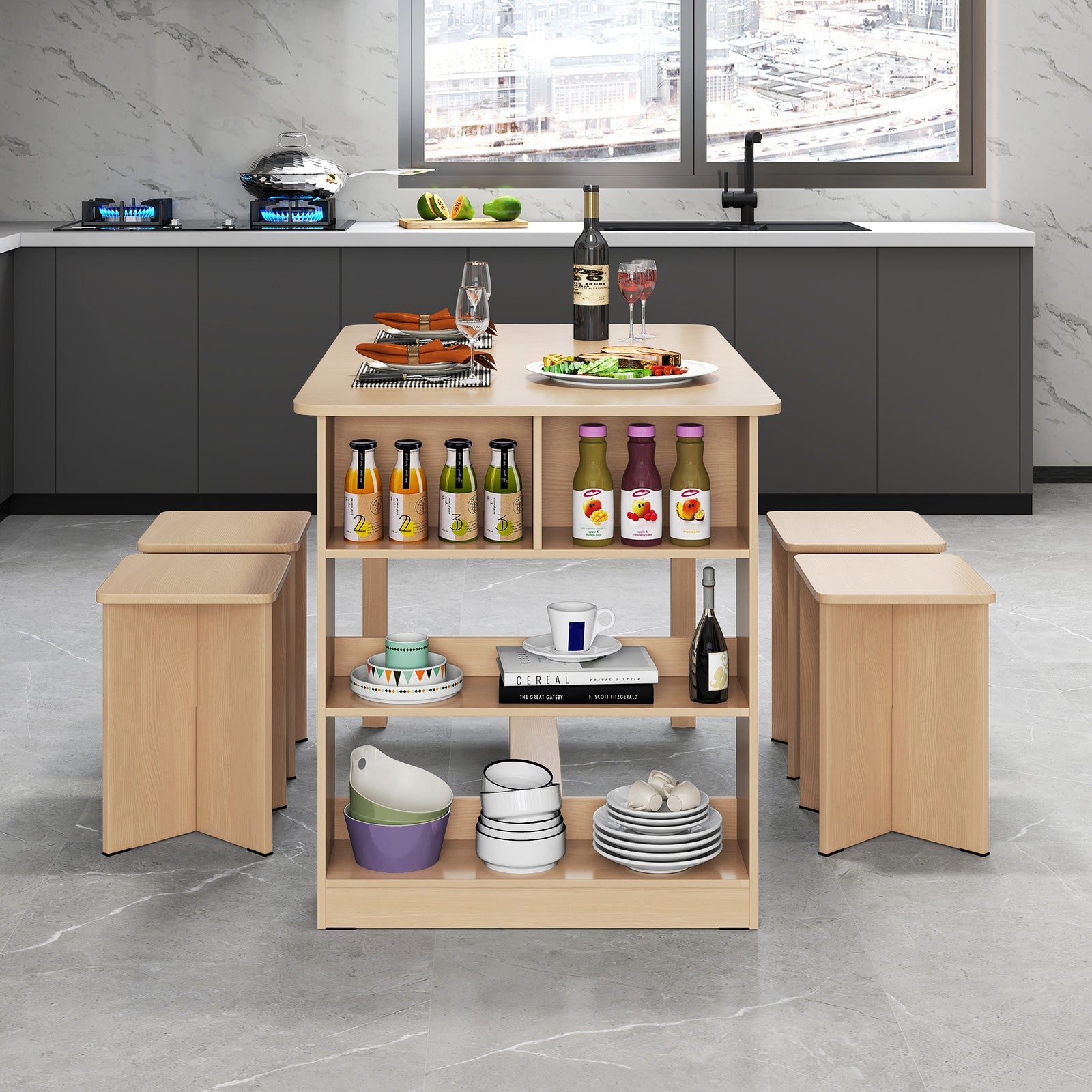 5 Pieces Dining Table Set with Storage Shelf and 4 Stools