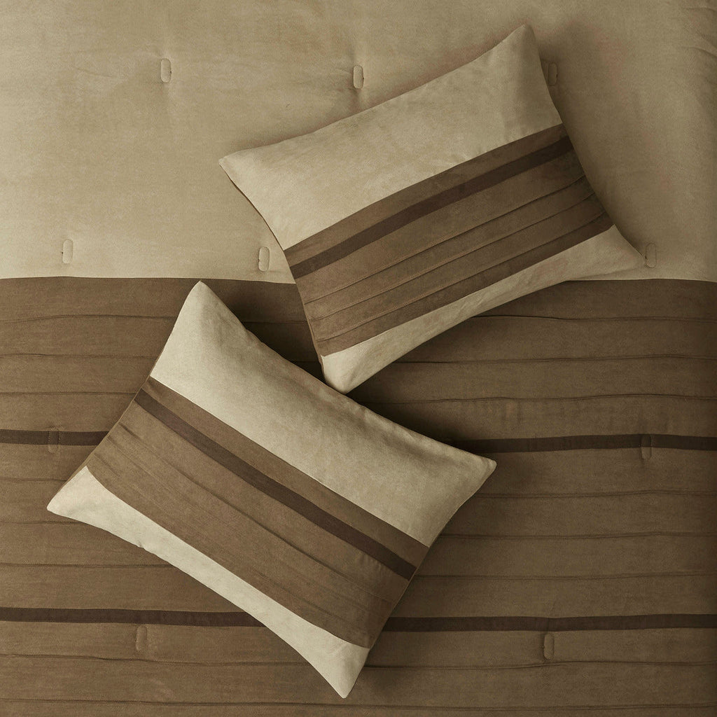 7 PC Pieced Faux Suede Comforter Set Natural Cal King