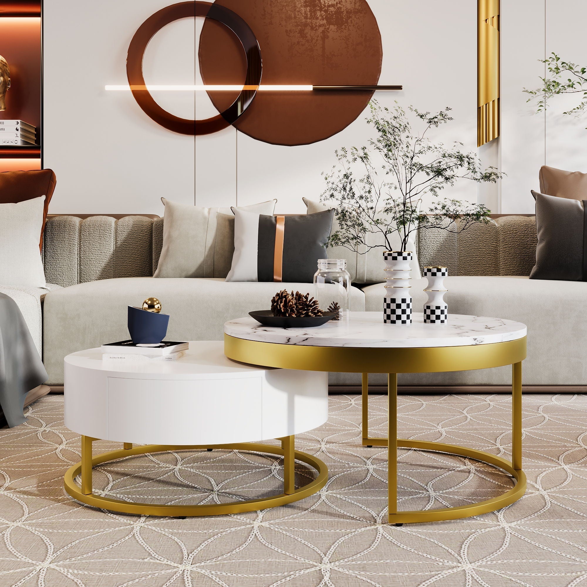 Round Nesting Coffee Table with Drawers - Golden / White