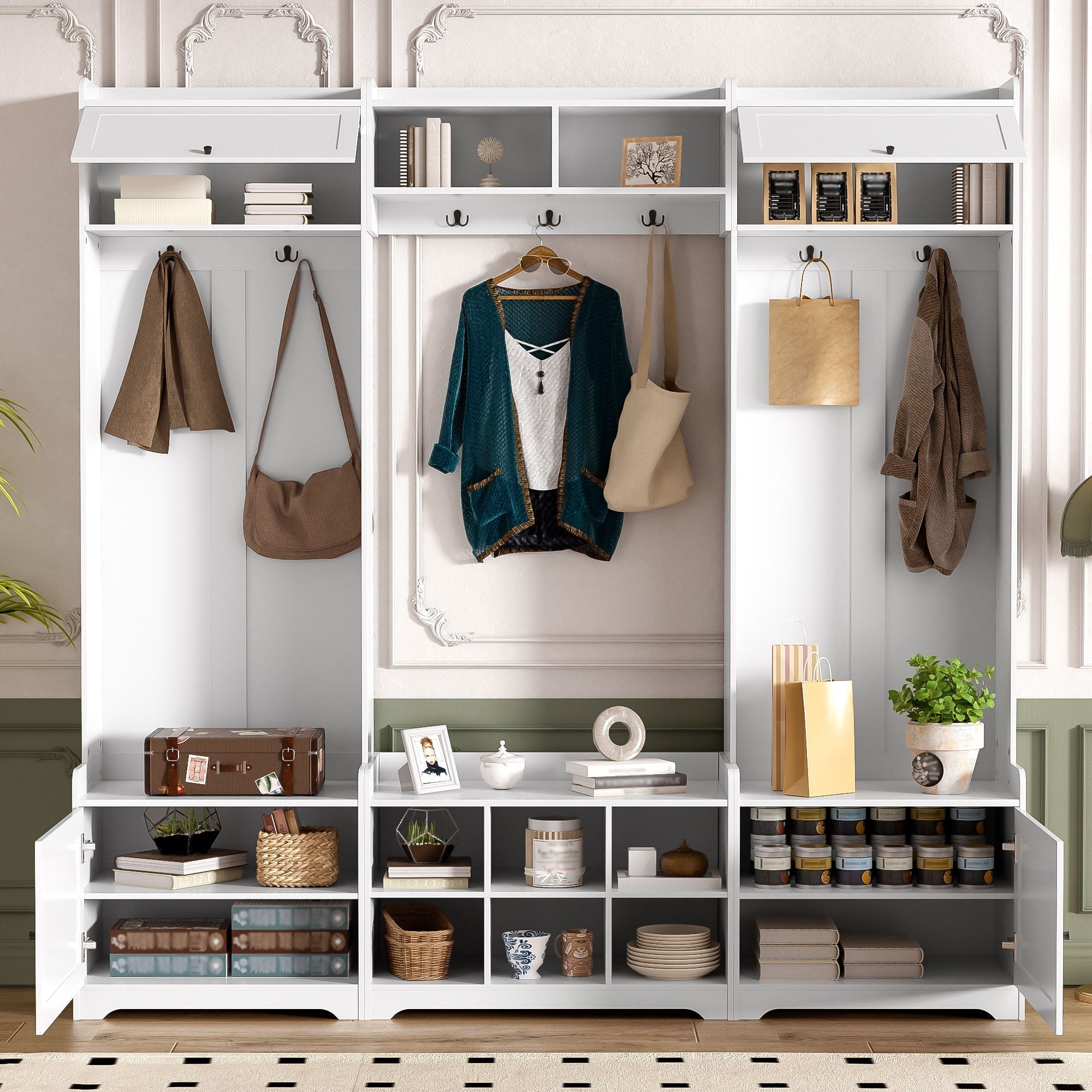 Wide Hall Tree With Shoe Storage, 4 In 1 Entryway Bench