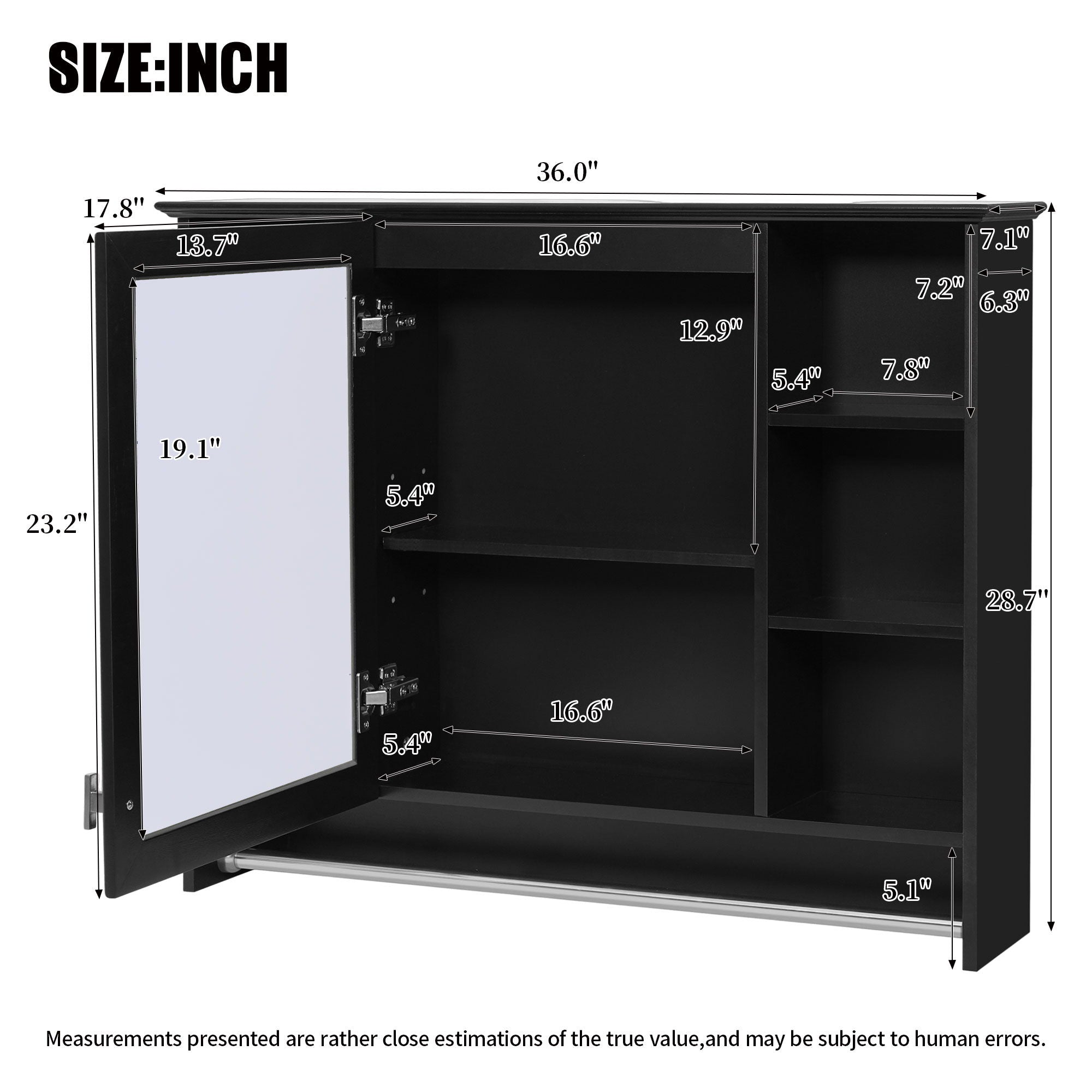 Modern Wall Mounted Mirror Cabinet with Adjustable Shelf and Towel Bar