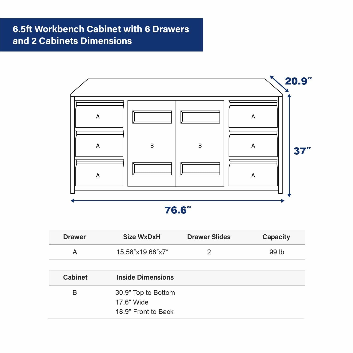 6.5ft Workbench Cabinet with 6 Drawers