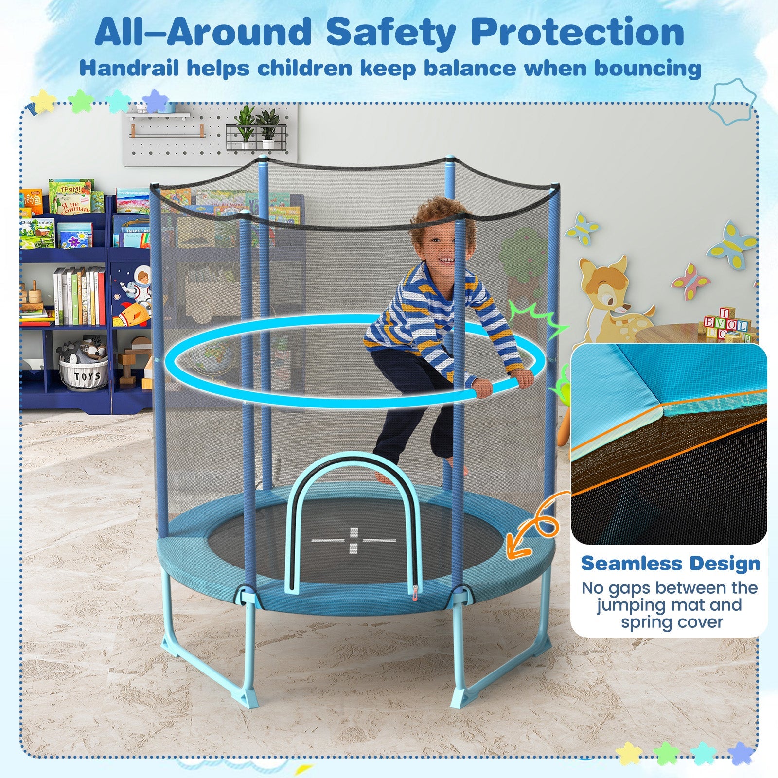 60 Inch Trampoline with Gymnastic Bar and Rings for Kids