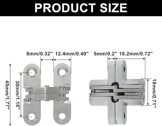 Murtenze 4 Pack Hidden Hinges, 1.77" Stainless Steel Cross Invisible Swing Hinges, 180 Degree Concealed Cross Hinge for Kitchen Cabinet Door