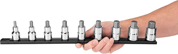 TEKTON Hex Bit Socket Set with Rail, 9-Piece | SHB92109 | 1/2 Inch Drive, (1/4 - 3/4 in.), Socket Rail