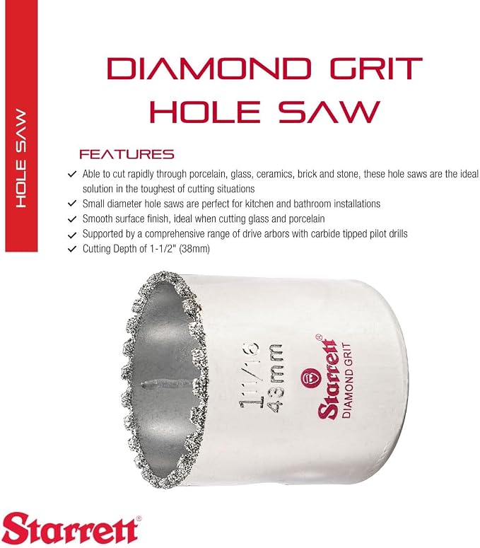 Starrett Diamond Grit Hole Saw, 1-11/16" Dia, 1-5/8" Depth | Effortless Cutting Through Tough Materials, 1-11/16 In Diameter, For Non-Metallic Materials, KD1116-N