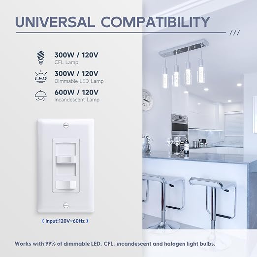 ECOELER Dimmer Switch, Single Pole/3-Way LED Rocker Dimmer Light Switch for 150W LED/CFL and 600W Halogen/Incandescent Bulbs, Wall Plate Included, ETL Listed, White