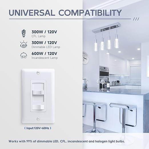 ECOELER Slide Dimmer Light Switch, Single-Pole or 3 Way Full Range Dimming Wall Switches for 300W LED/CFL, 600W Halogen/Incandescent, Wall Plate Included, ETL Listed, White, 4 Pack