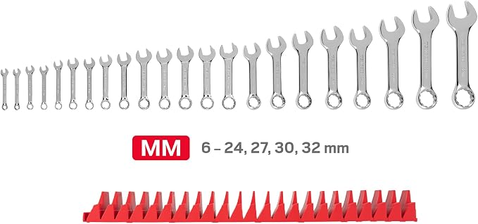 TEKTON Stubby Combination Wrench Set, 22-Piece | WCB95405 | (6 - 32 mm, Common Sizes), Modular Organizers, Chrome Finish