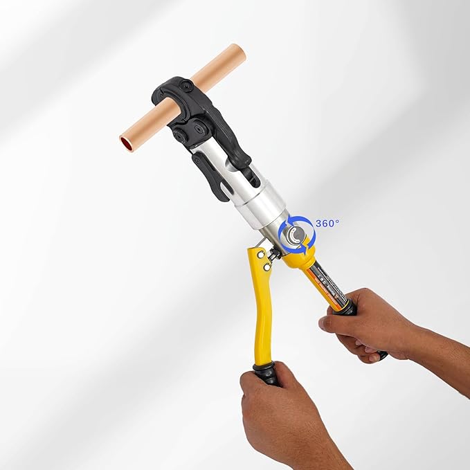 Pipe Crimper Copper Pipe Press Crimping Tool Kit 360° Rotatable Crimp Head Hydraulic Copper Tube Crimping Tool for Copper Tees Elbows Straight Pipes with 3 Molds (1/2", 3/4", 1") (Yellow)