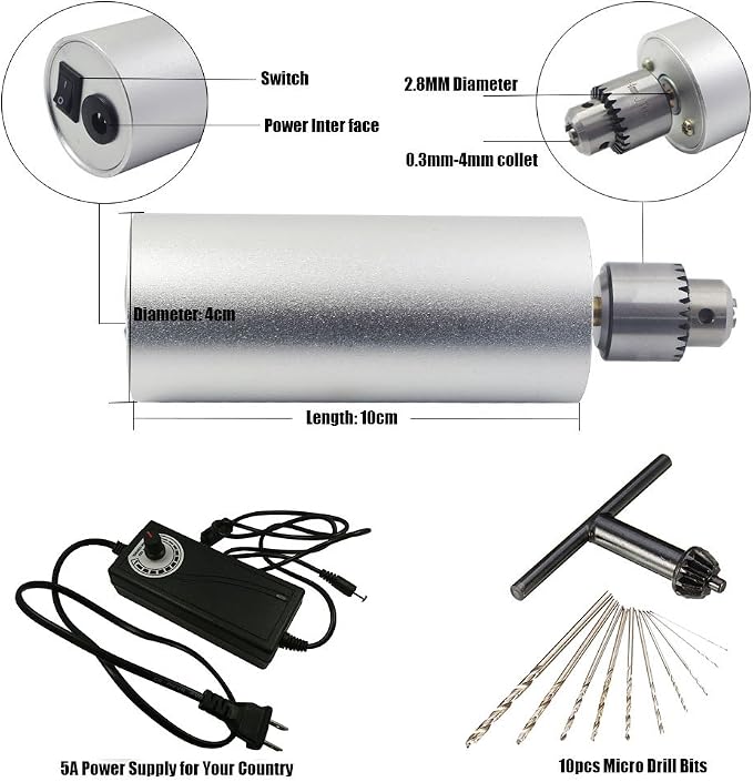 Yakamoz 0.3mm - 4mm Adjustable Micro Mini Electric Hand Drill Aluminum Portable Handheld Drill for DIY PCB with 5A DC5V-12V Power Supply Control | 10pcs Micro Drill Bits Included
