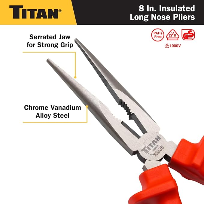 Titan 73338 8-Inch VDE Insulated Long Nose Pliers
