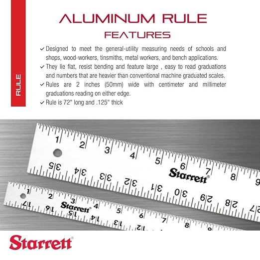Starrett Straight Edge Aluminum Rule - Ideal for Schools, Shops, Metal and Wood Workers - 72" Length, 2" Width, .125" Thickness, 1/8", 1/16" English - ASE-72