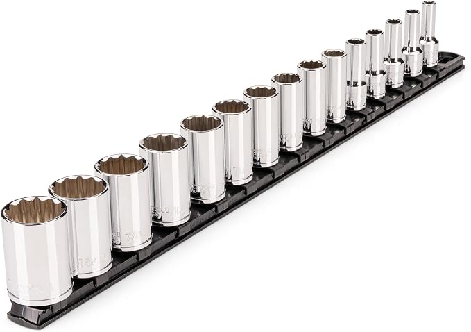 TEKTON 3/8 Inch Drive 12-Point Socket Set, 15-Piece | SHD91123 | (1/4 - 1 in.), Semi-Deep, Socket Rail